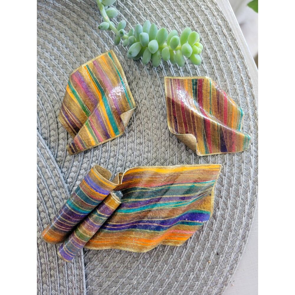 Unique handmade vintage 80s multi color earrings brooch set signed by designer